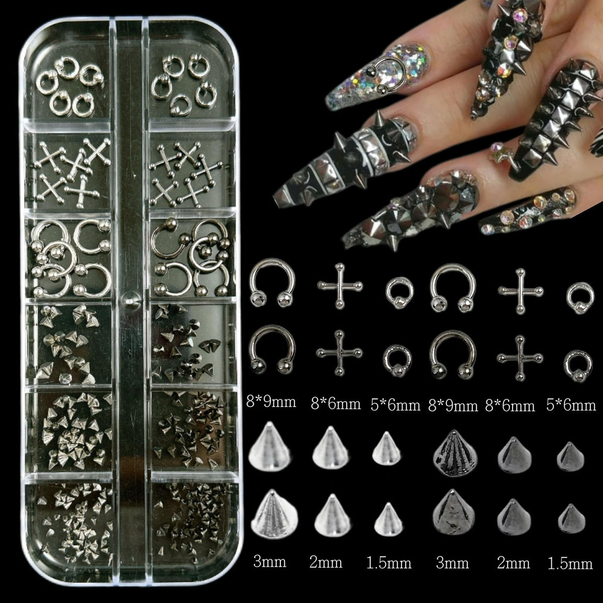 Silver Nail Art Decorations Kit with Imitation Diamonds and 3D Accessories