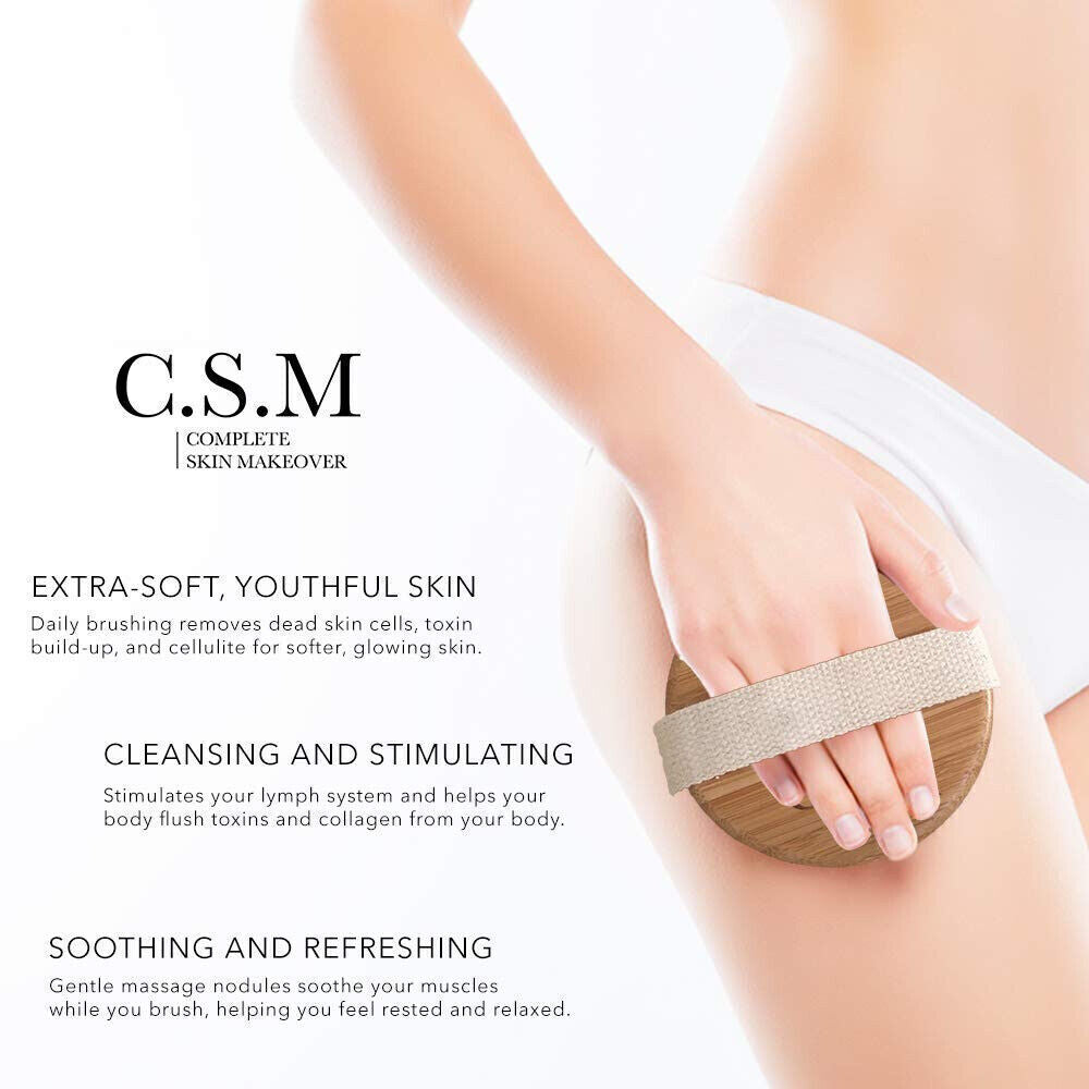 Natural Dry Body Brush for Cellulite & Lymphatic Drainage - Wooden Round Bristle