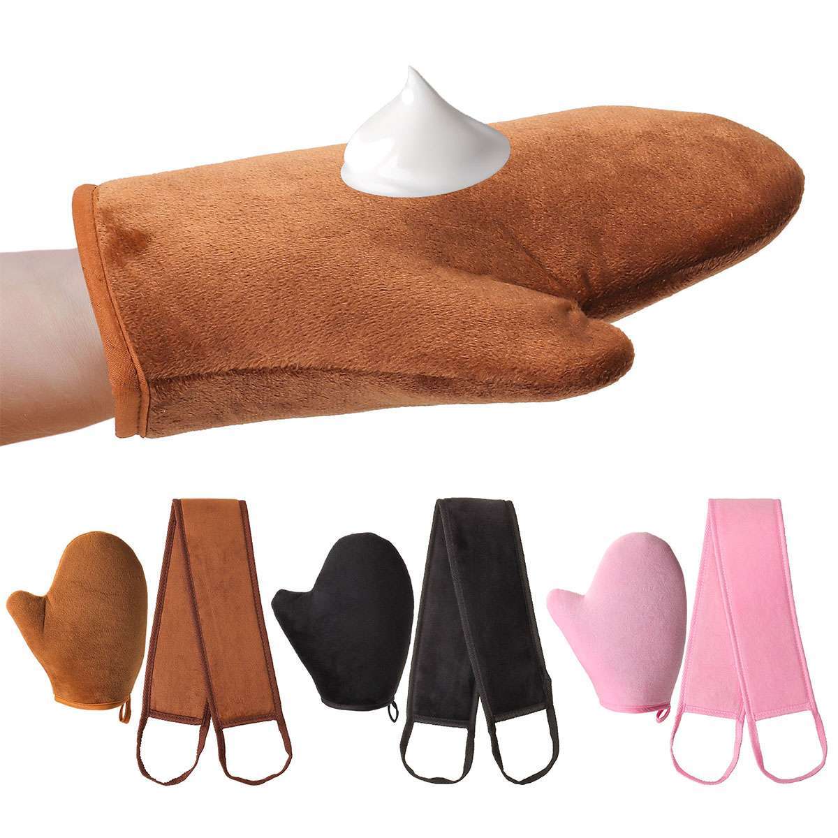 Self Tanning Lotion Applicator Mitt & Back Rubbing Strap Set for Even Sunless Tan