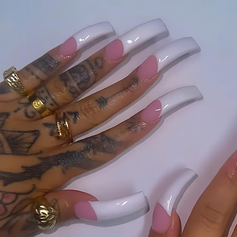 48-Piece Long Curved Press-On Nails with White Tips for Daily Wear
