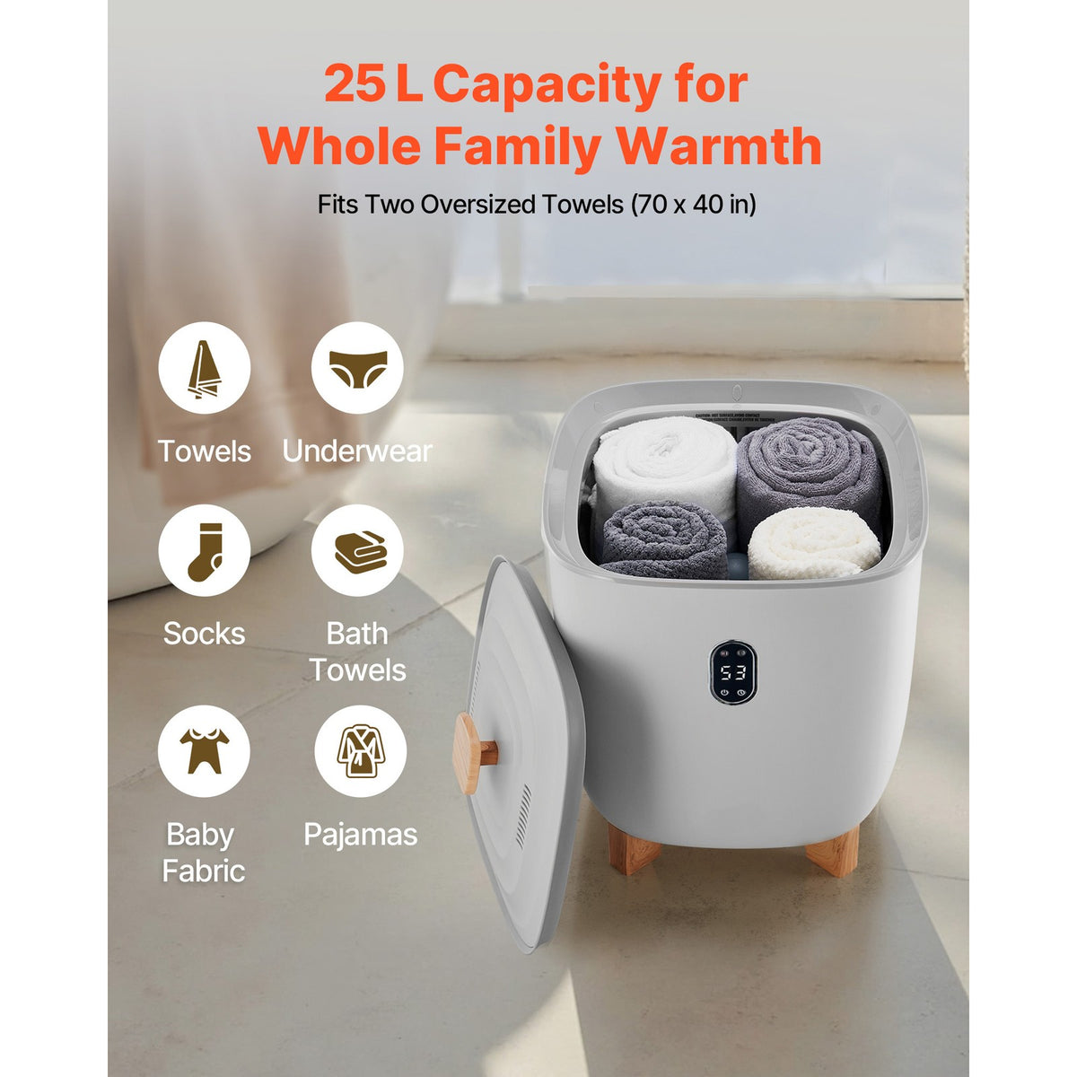 25L Towel Warmer Bucket with LED Timer & Temperature Control - Gray