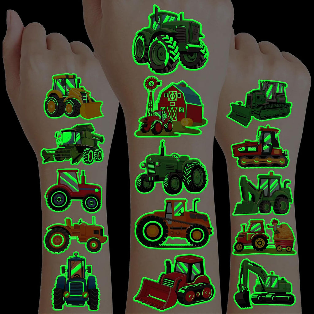 Glow-in-the-Dark Tractor Temporary Tattoos - 96 Pcs Pre-Cut Kids Tattoos