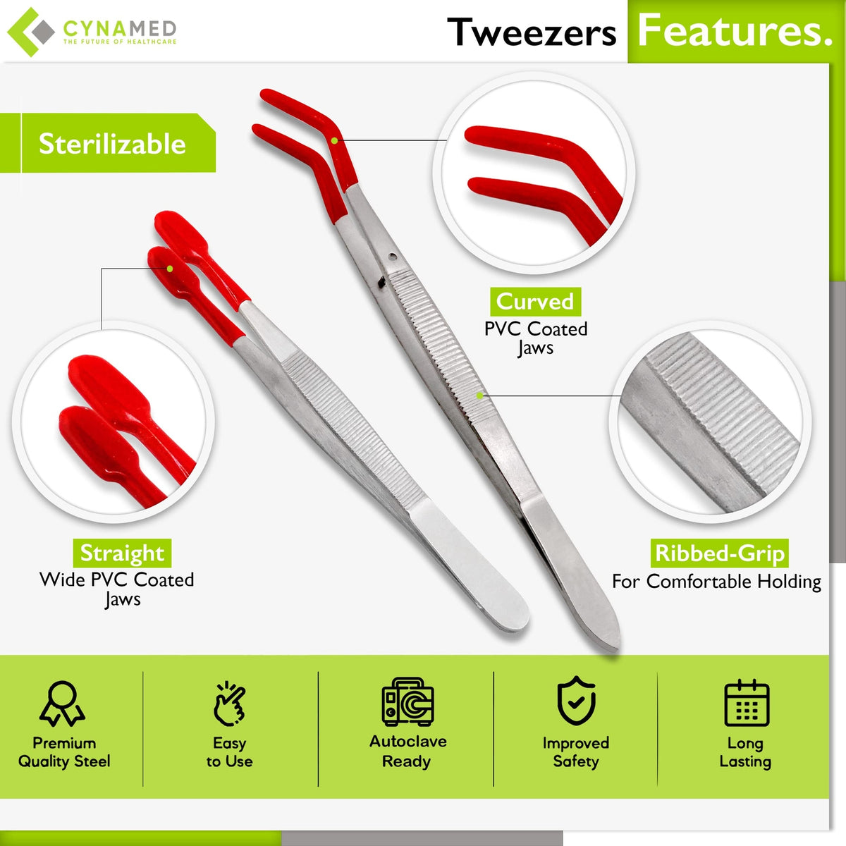 Stainless Steel Lab Tweezers with Rubber Tips - 4 Pack, Offset & Straight