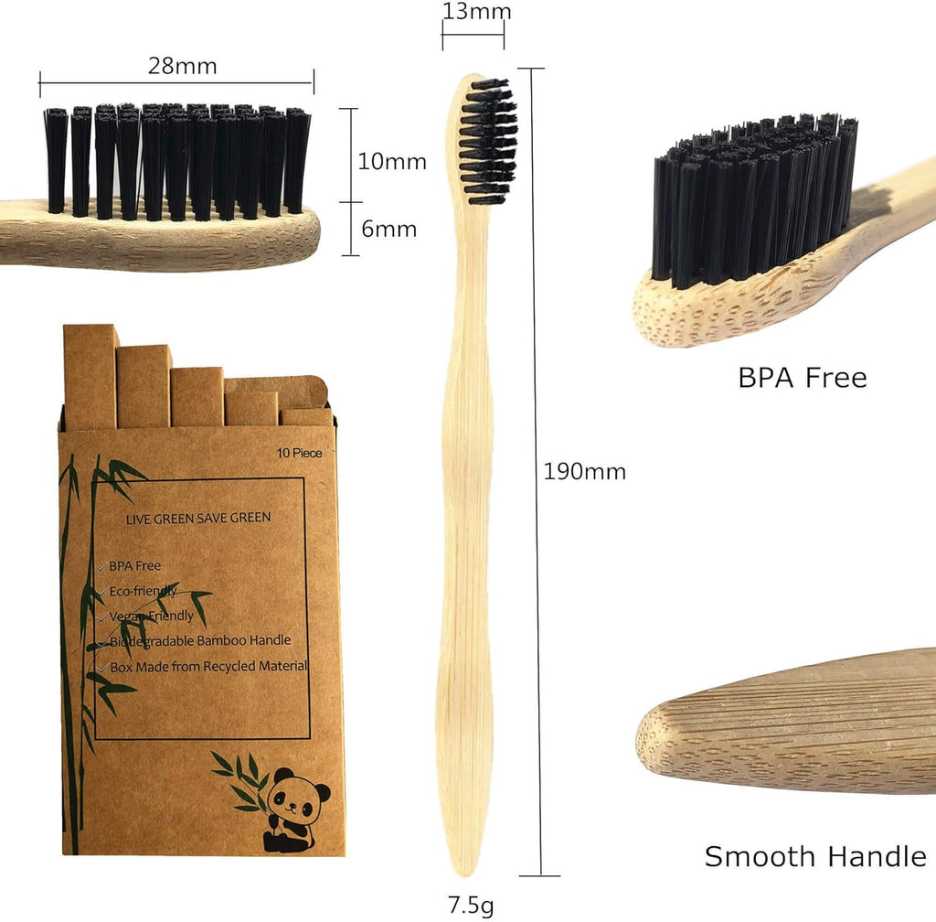 Bamboo Toothbrushes 10 Pack - Eco-Friendly, BPA Free, Medium Soft Bristles