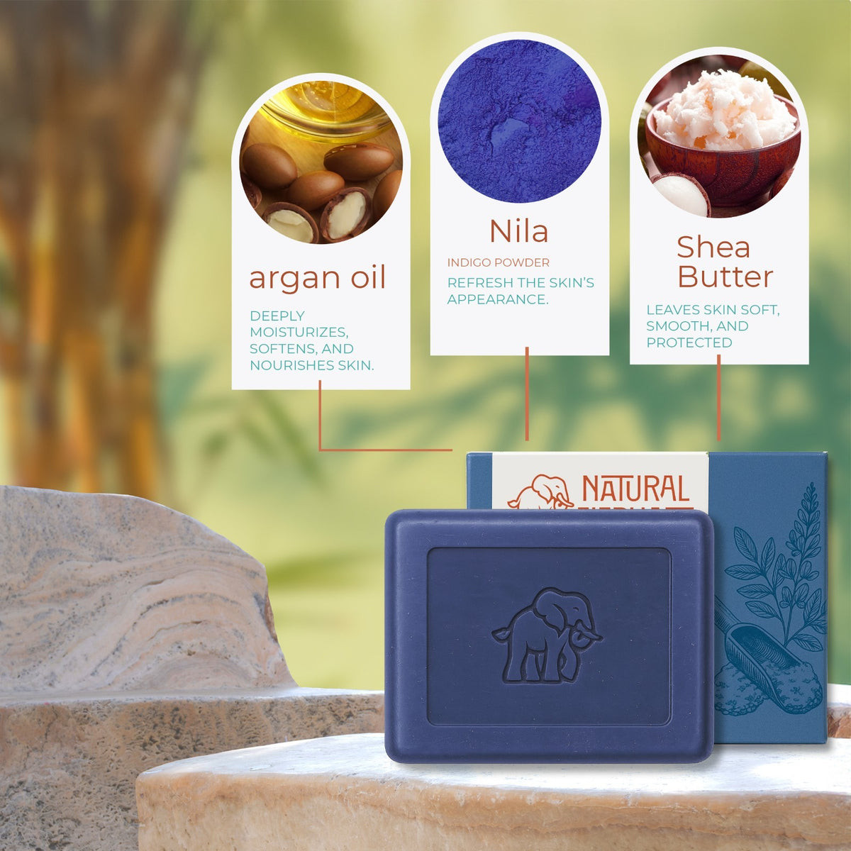 Natural Elephant Moroccan Nila Bar Soap 3.52oz - Handcrafted Facial & Body Cleansing Bar with Indigo & Olive Oil