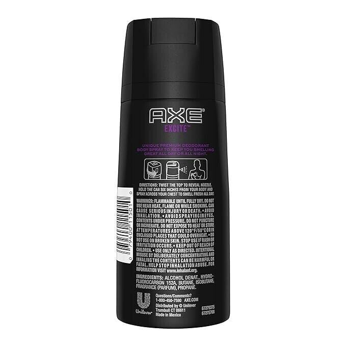 Axe Excite Deodorant Body Spray for Men 12-Pack - Long-Lasting Fresh Scent