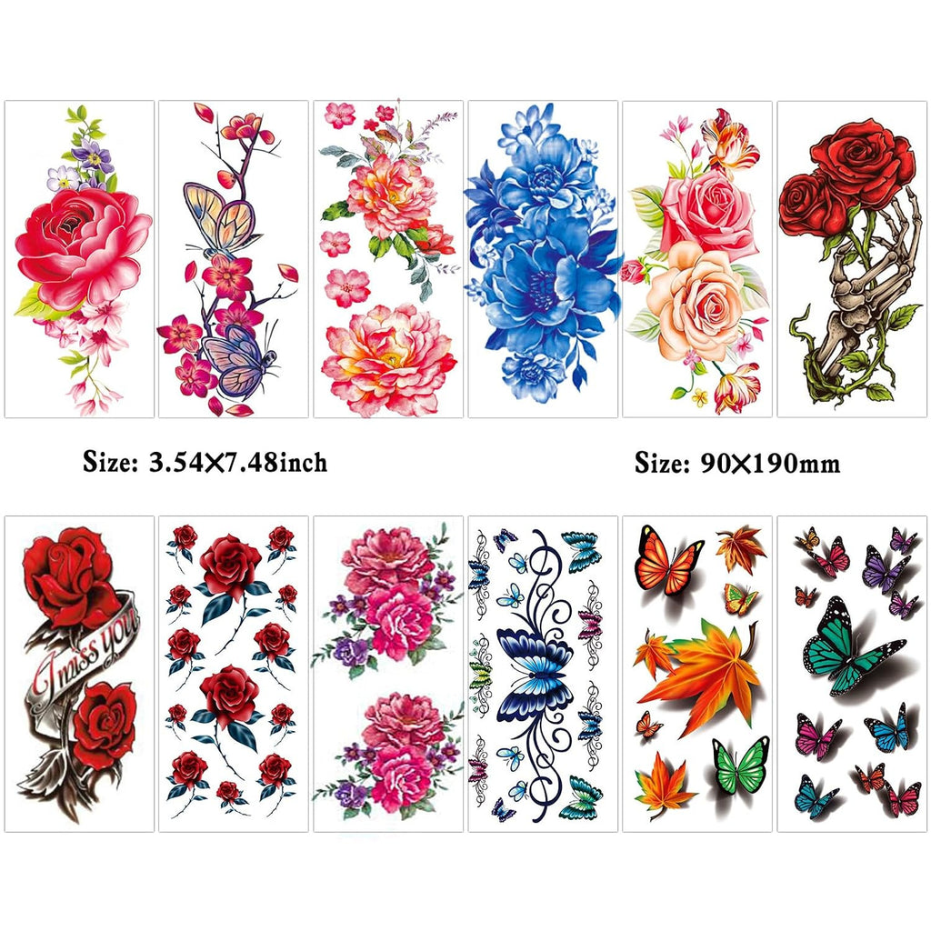 82 Sheets Floral Temporary Tattoos - Roses, Butterflies, Multicolor