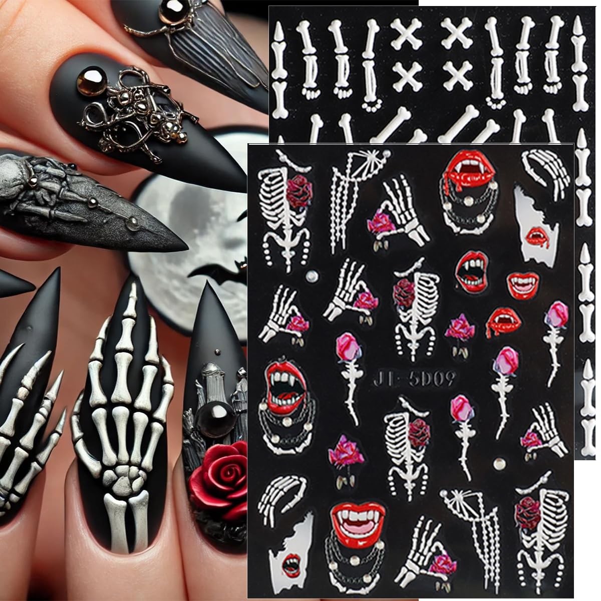 Halloween Nail Stickers 8 Sheets 5D Embossed Skull & Gothic Designs