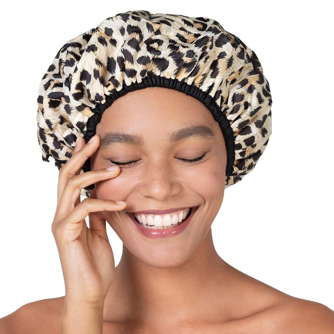 Reusable Waterproof Shower Cap Leopard Print Oversized Nylon Hair Cover