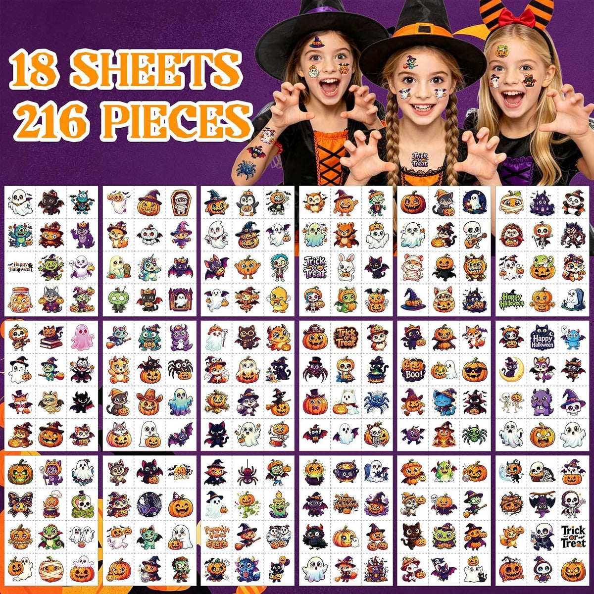 216Pcs Halloween Temporary Tattoos for Kids Party Favors