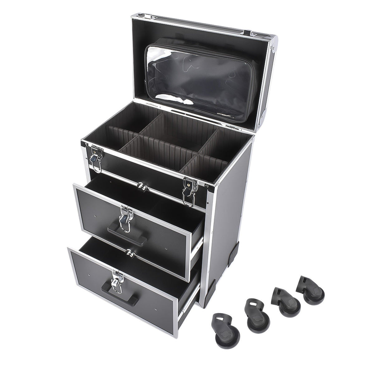 Large Rolling Makeup Train Case with Drawers and Wheels for Professionals