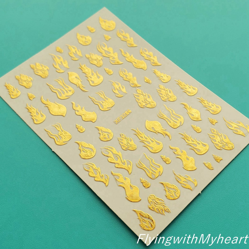 Laser Gold Fire Flame Nail Decal Stickers - Self-Adhesive Nail Art Sheets (5 Colors)