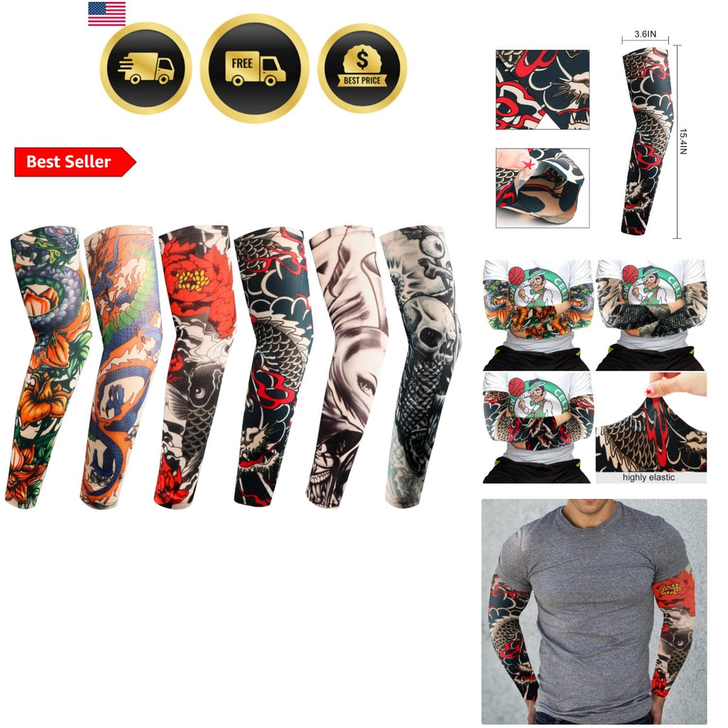 Unbranded Tattoo Sleeves for Men - 6 Pcs Fake Arm Covers, Sun Protection, One Size