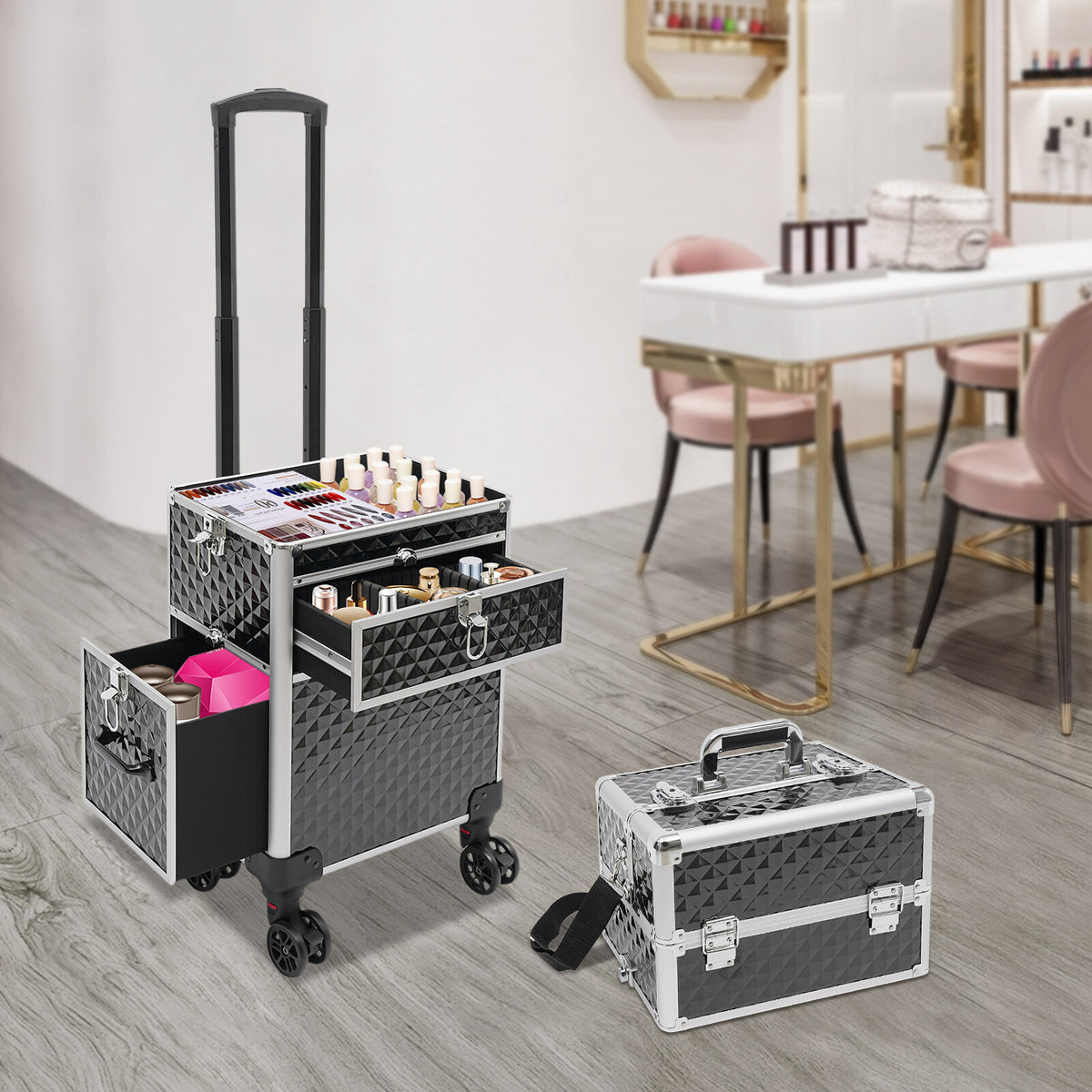 Rolling Makeup Case Travel Cosmetic Storage Trolley with Lock & Wheels
