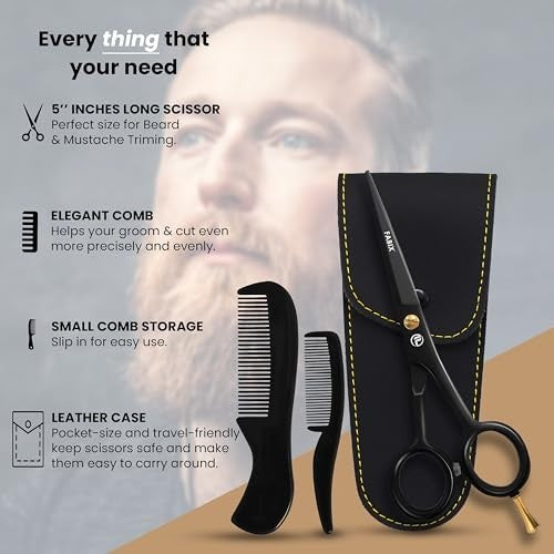Men's Beard & Mustache Grooming Kit with 5 Inch German Steel Scissors and Travel Pouch