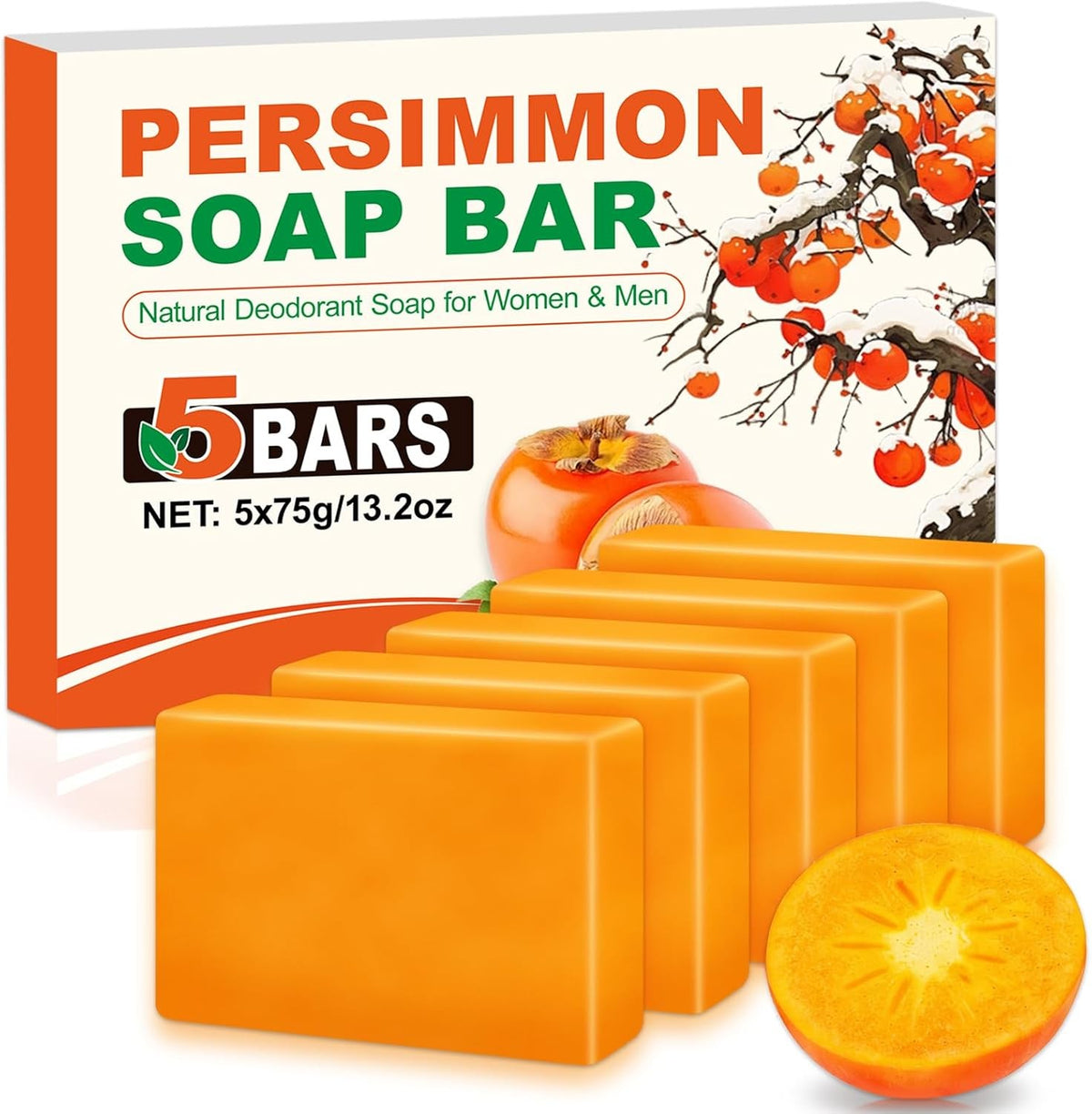 Persimmon Body Soap for Odor Control - Natural Deodorant Bar 5 Pack