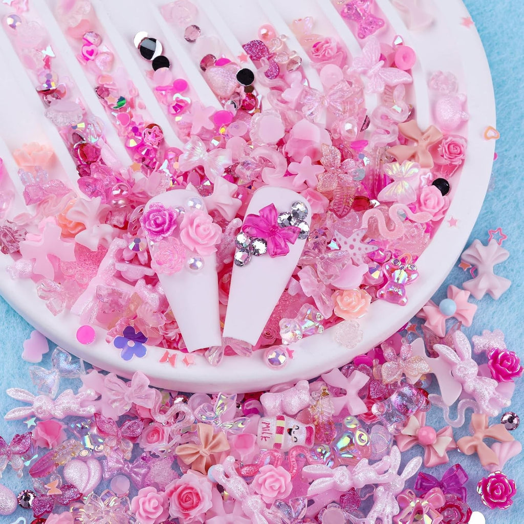 300pcs Nail Art Charms Kit with Resin Gems & Pink Decorations for Manicure