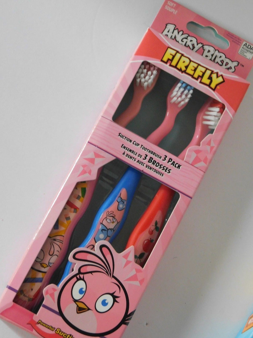 Children's Girl's Angry Bird Soft Bristle Toothbrush 3 Pack - Suction Cup Bottoms
