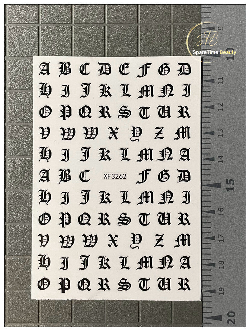 3D Nail Art Sticker Sheets - Latin Roman Alphabet Letters & Numbers - 9 Colors