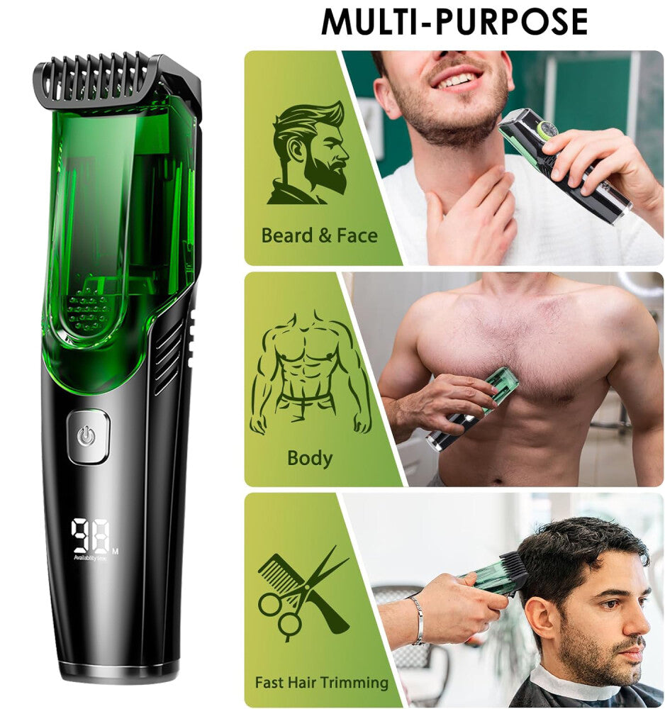 Rechargeable Vacuum Beard Trimmer for Men, Waterproof, Adjustable Length