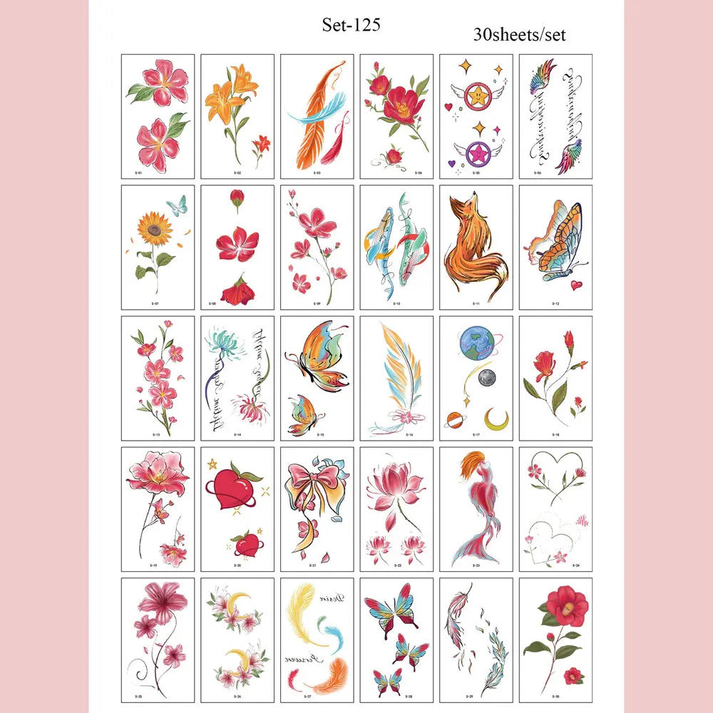 Waterproof Temporary Tattoos Set – Butterfly, Rose & Feather Stickers (Disposable)