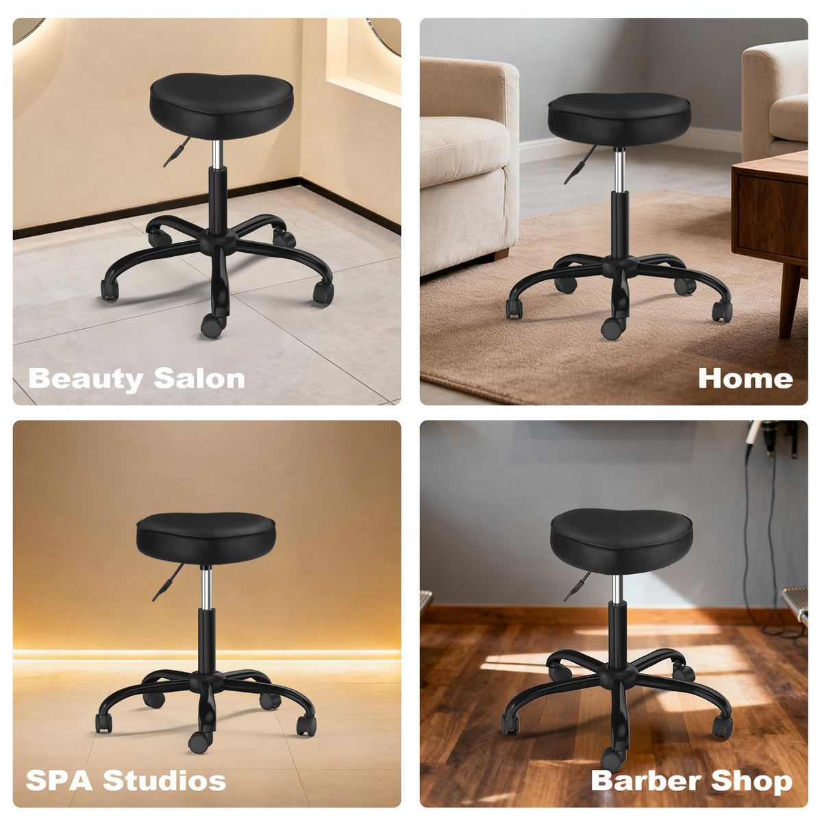 Adjustable Salon Stool on Wheels - Heart-Shaped PU Leather Seat, Ergonomic, Height-Adjustable