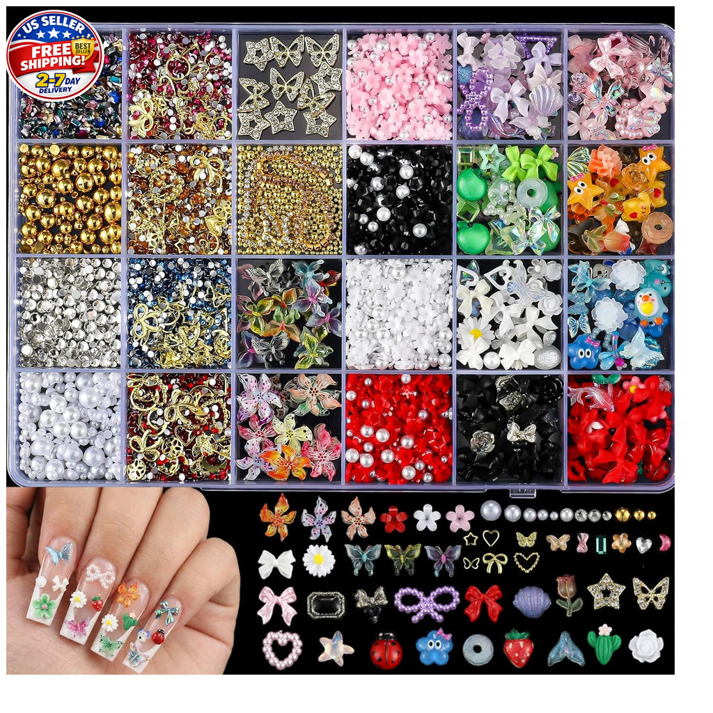 8000Pcs Nail Charms and Gems Set for Nail Art DIY Crafts - Butterfly, Star, Moon, Flowers, Bows, Gold Finish