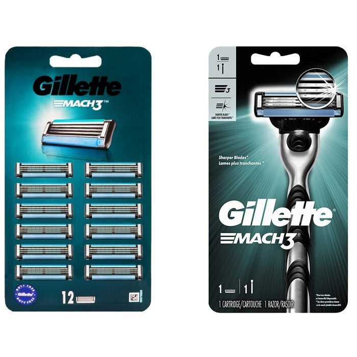 Gillette Mach 3 Razor Handle with 12 Blade Refills for Men