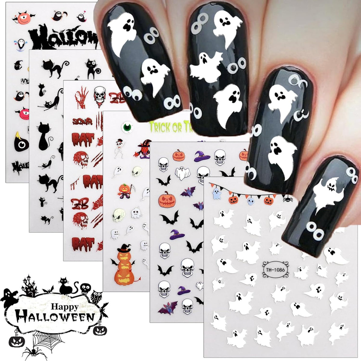 Glow in the Dark Halloween Nail Art Stickers - 12 Sheets Pumpkin Ghost