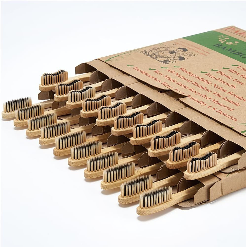 20 Count Eco-Friendly Bamboo Toothbrushes Soft & Medium Bristles Bulk Pack