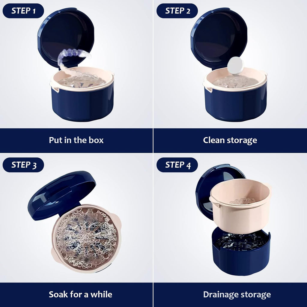 Denture Storage Case with Removable Rinse Basket Portable Denture Cup for Soaking & Cleaning