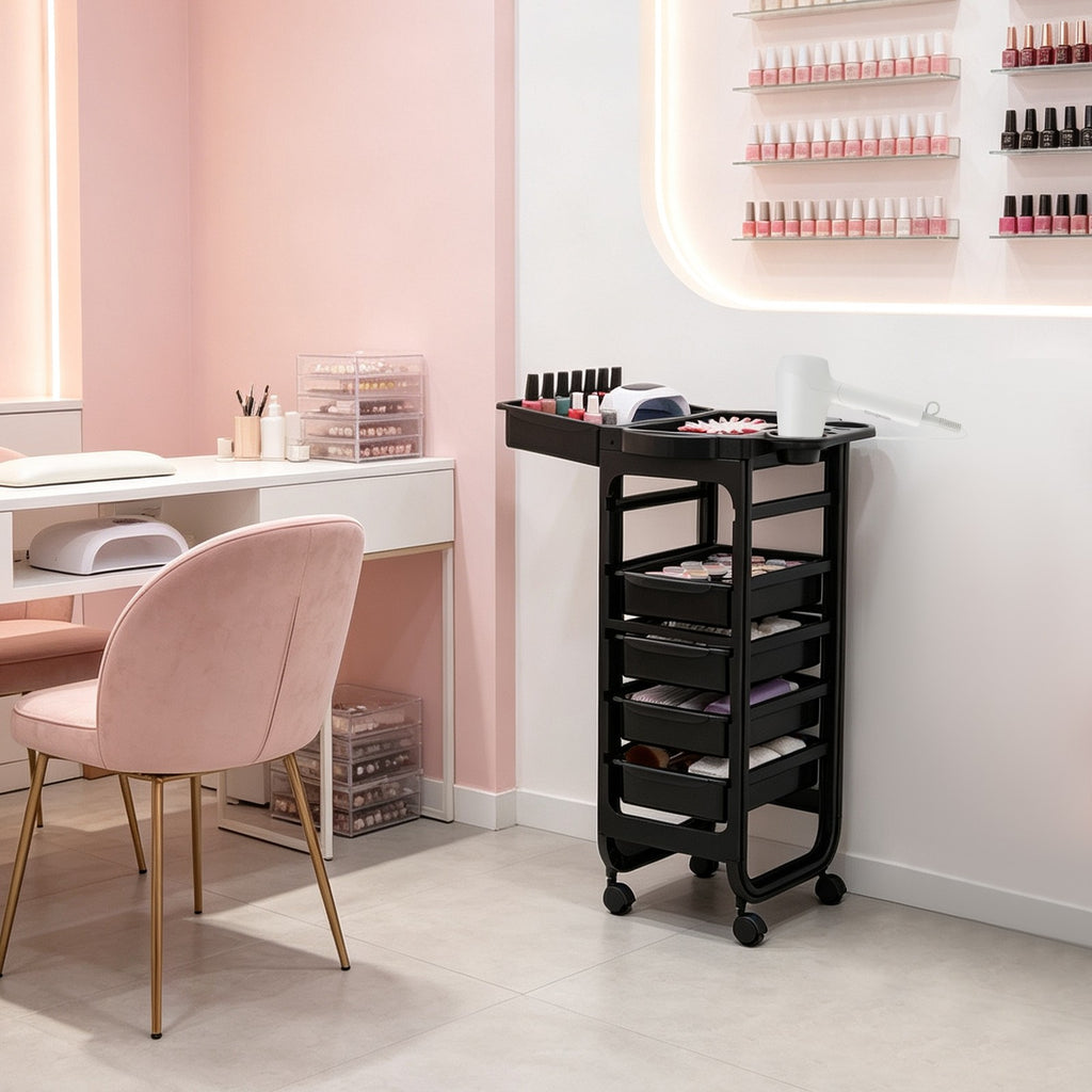 Mobile Hair Salon Trolley Cart with 5 Drawers - Black, 41x43.5x88cm