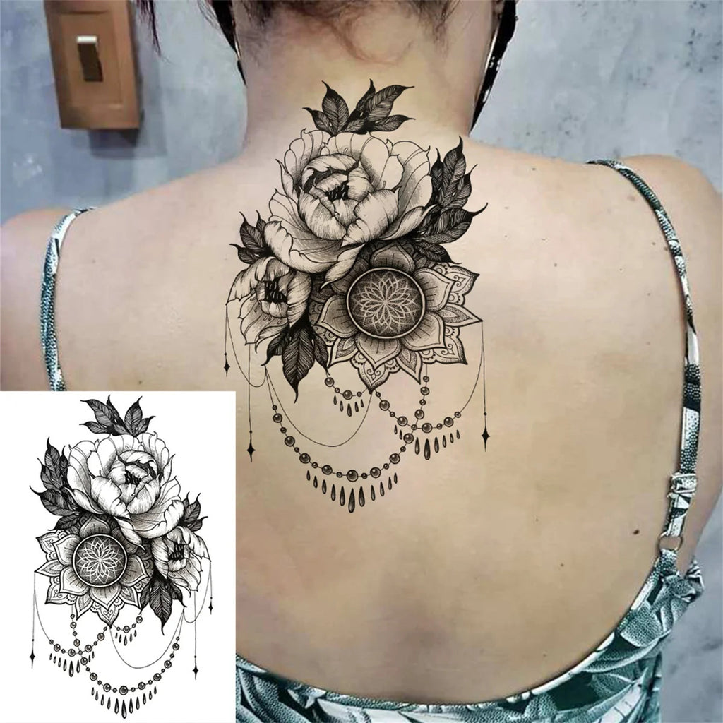 Black Moon Pendant Fake Tattoo Jewelry Set - Waterproof Floral Jewelry