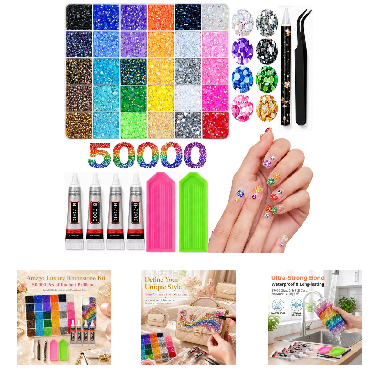 50,000 Pcs Rhinestone Kit with Resin Gems & Jewelry Glue for Crafts & Jewelry Making