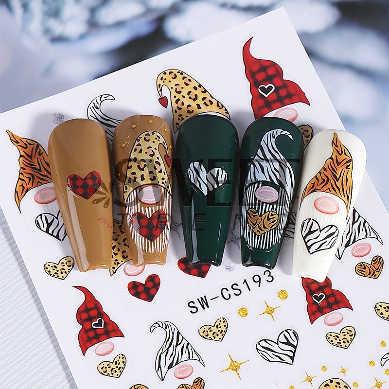 2Pcs Leopard Christmas Gnome Nail Art Stickers Self-Adhesive Decals