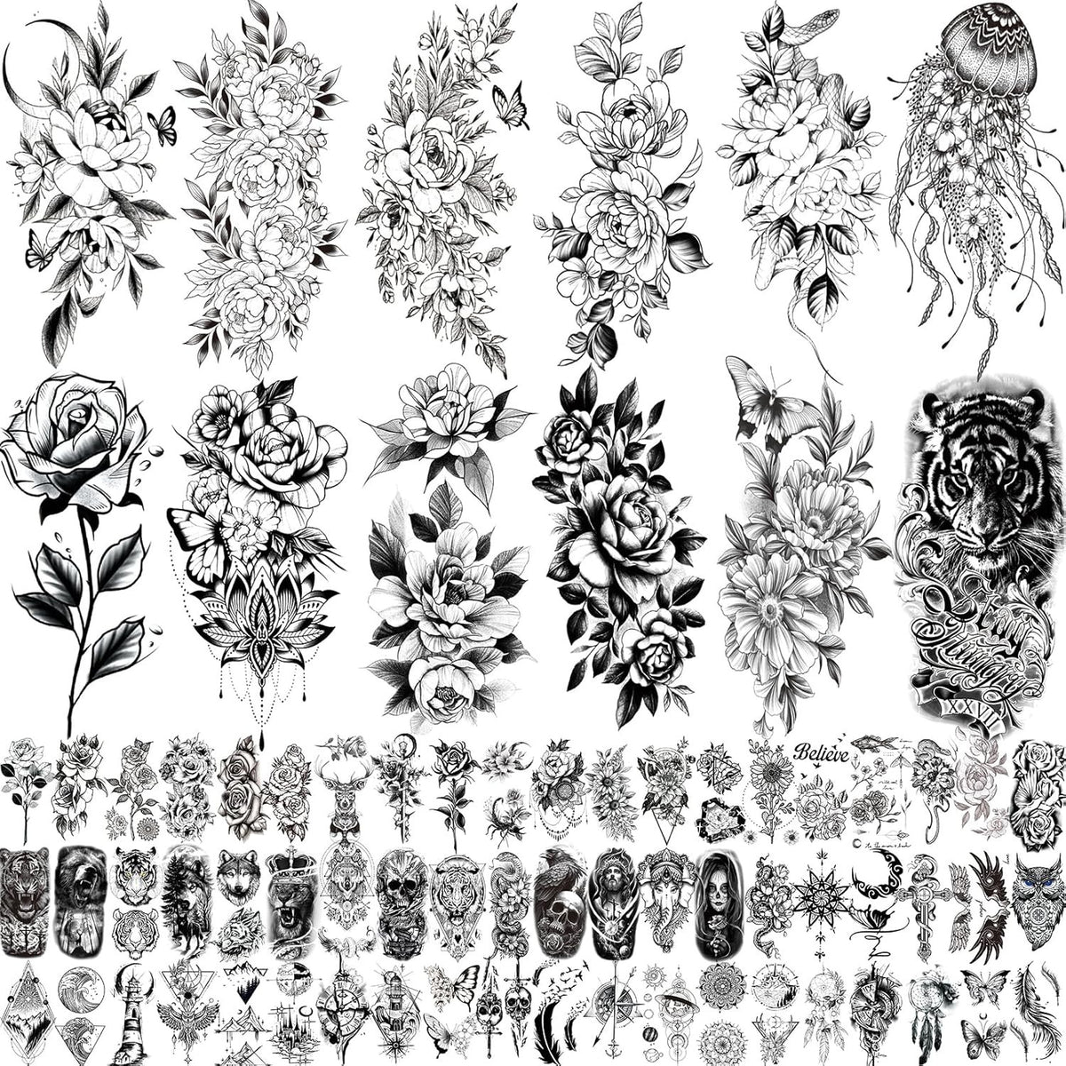 82 Sheets Temporary Tattoos for Women and Teens – Large Flower Sets 7.5x3.8 in and 2.4x4.1 in