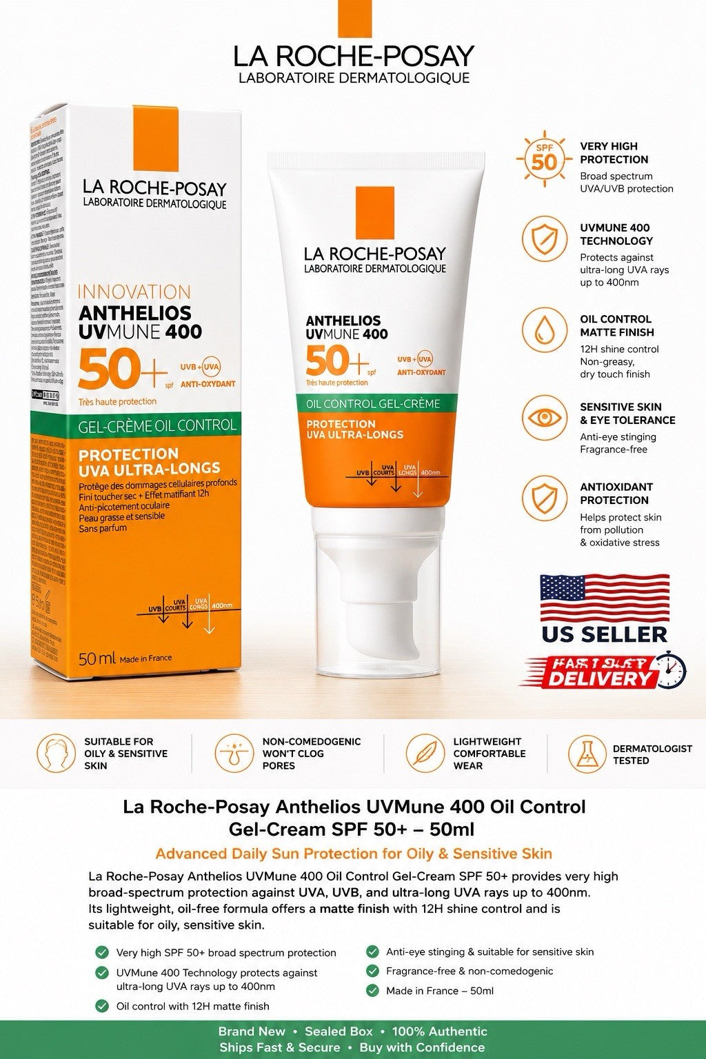 Oil Control SPF 50+ Sunscreen Gel Cream for Oily & Sensitive Skin 50ml
