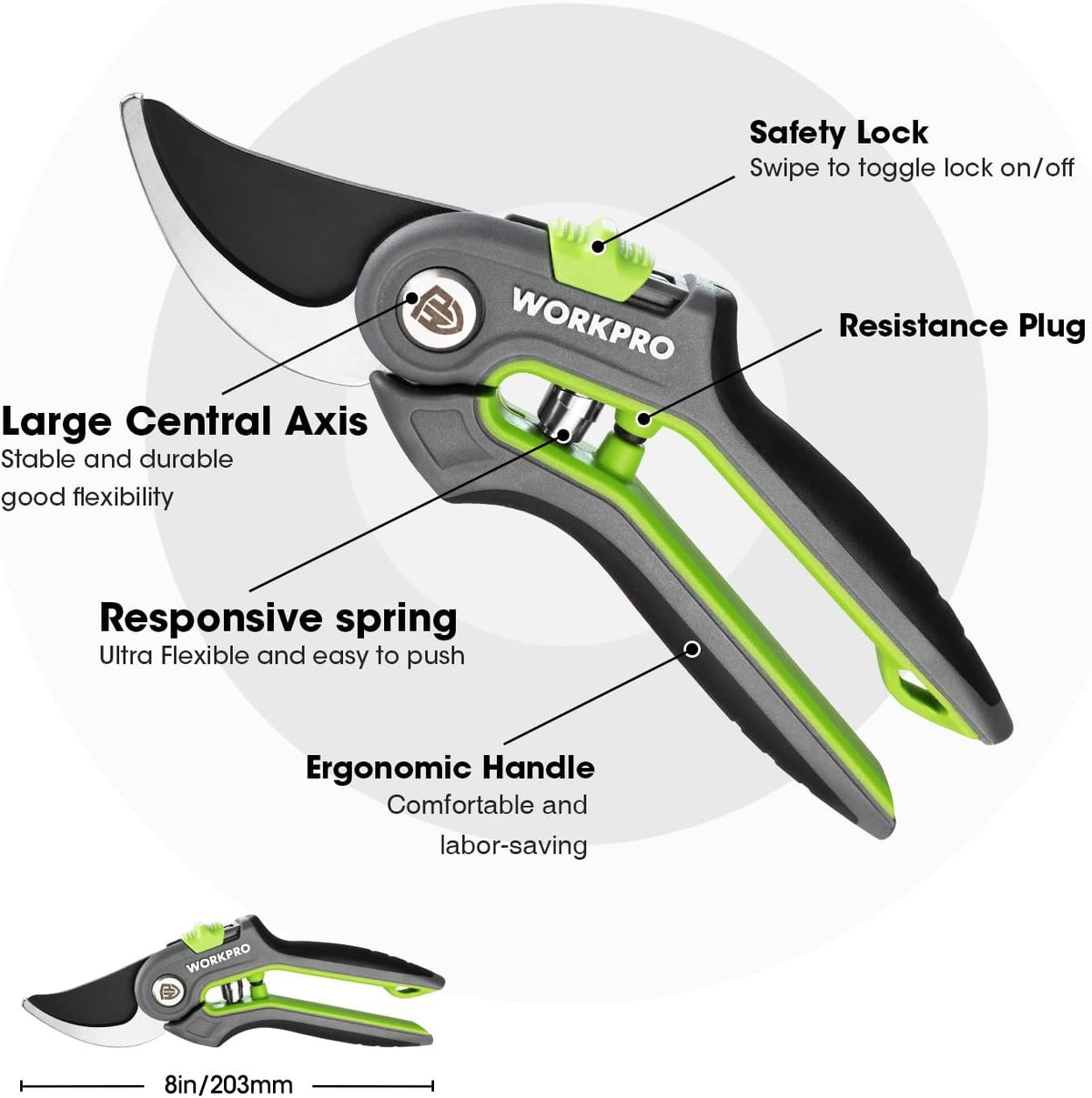 8-Inch Garden Pruning Shears with SK5 Steel Blades & Ergonomic Handles