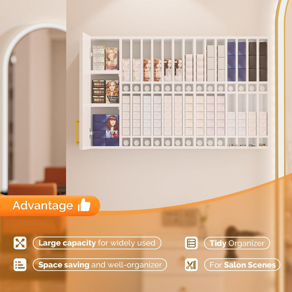 Wall-Mounted Hair Color Organizer with Adjustable Shelves for Salon Storage