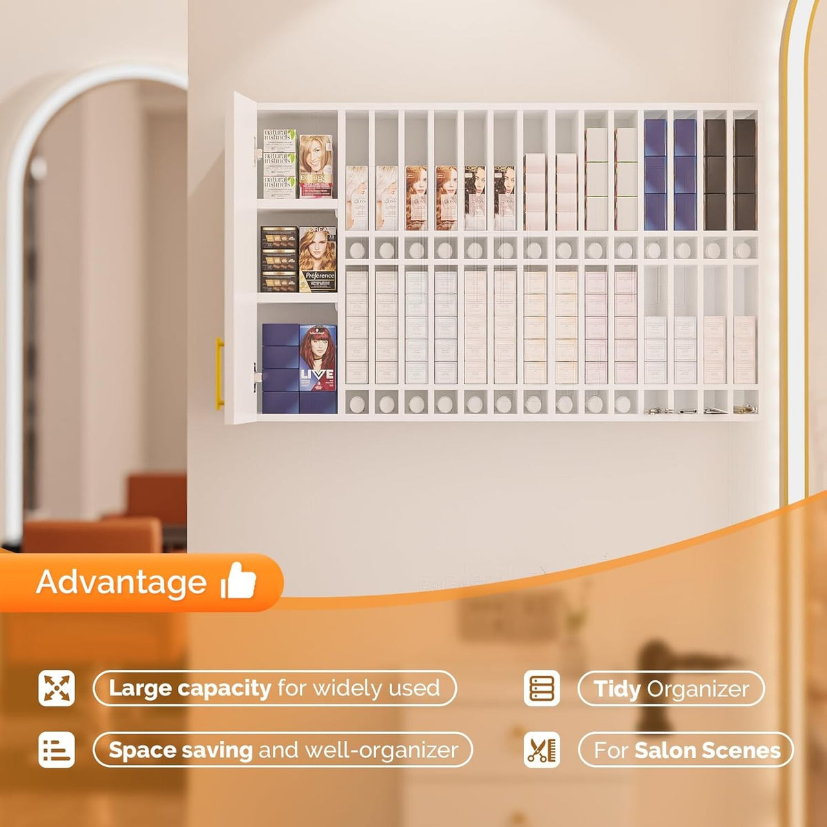 Wall-Mounted Hair Color Organizer with Adjustable Shelves for Salon Storage