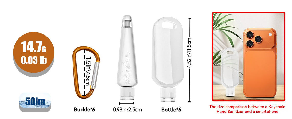 6 Pack Travel Sanitizer Bottles with Keychain - Leakproof 50ml Refillable