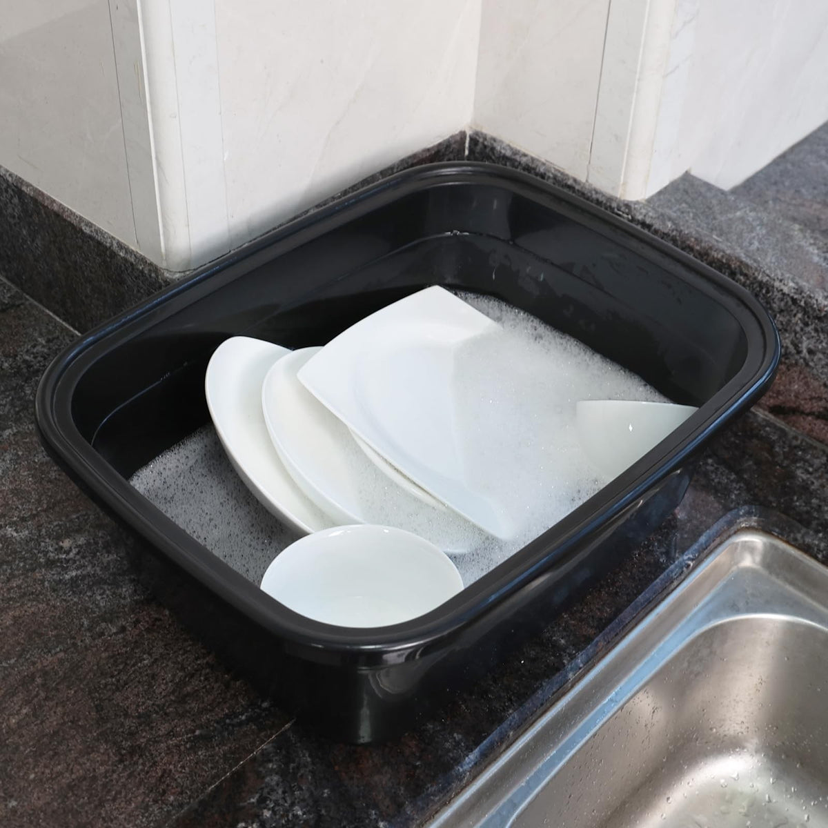 Large Plastic Wash Basin Set - 18 Quart Rectangular Dish Pans, Black, 2 Pack