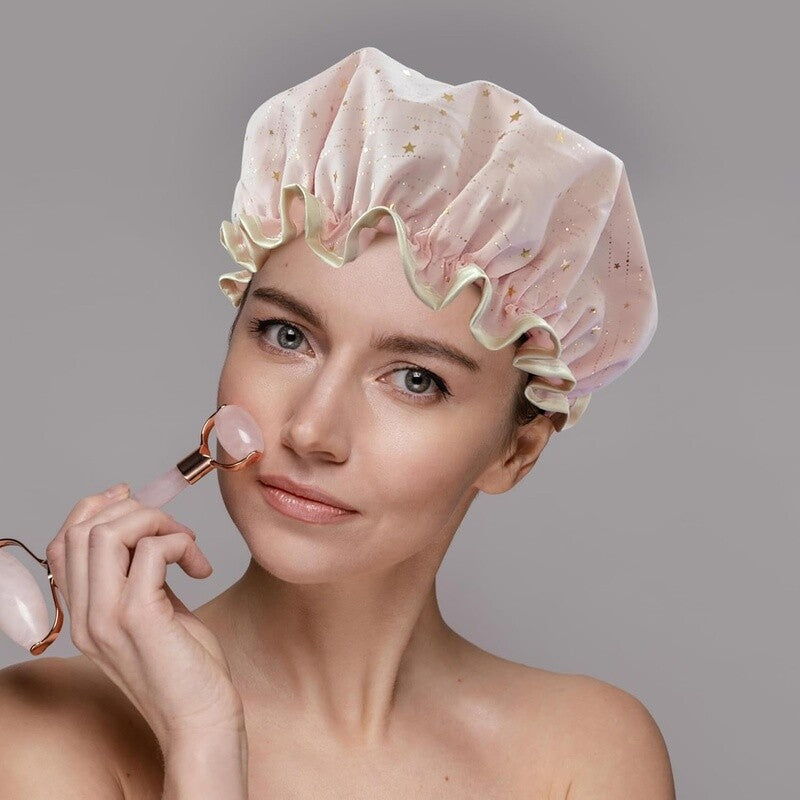 Reusable Waterproof Shower Cap for Women Elastic Hair Bonnet Spa Bath Accessory