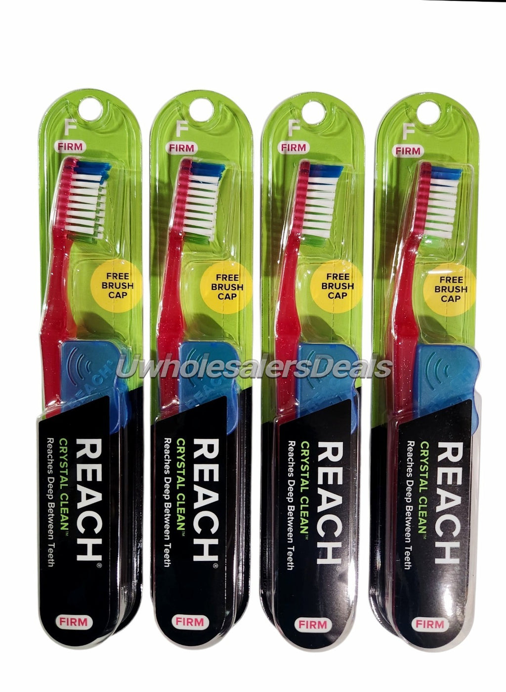4 Reach Crystal Clean Hard Toothbrushes with Firm Bristles & Free Caps