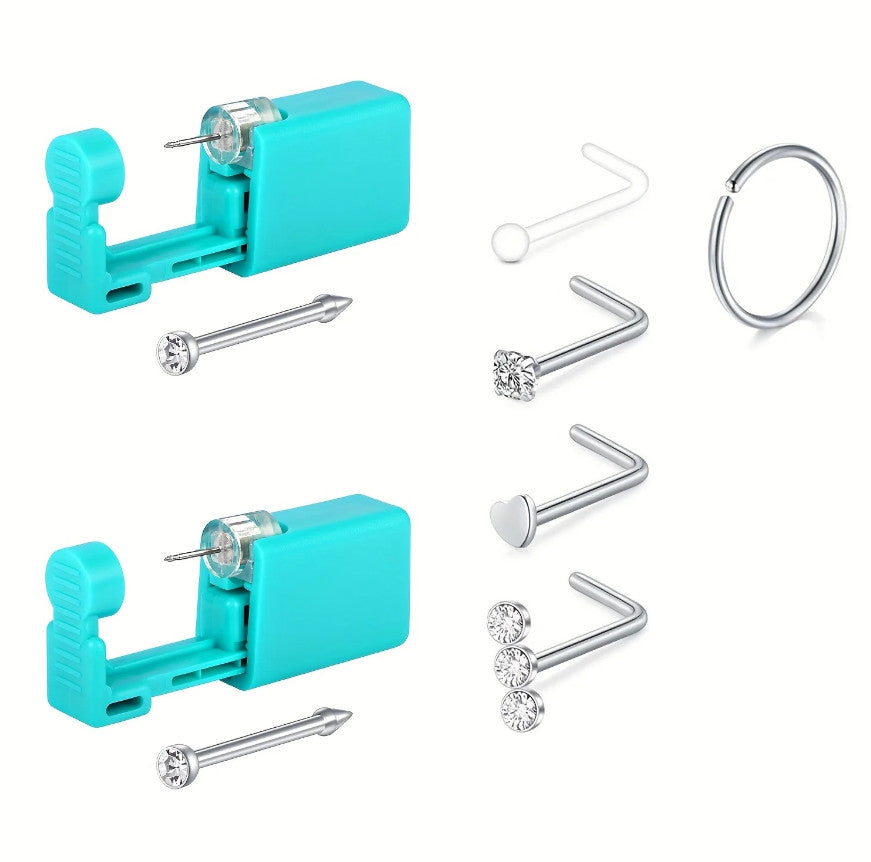 Nose Piercing Kit 7pcs - Disposable Gun & Stud Set, Stainless Steel Jewelry