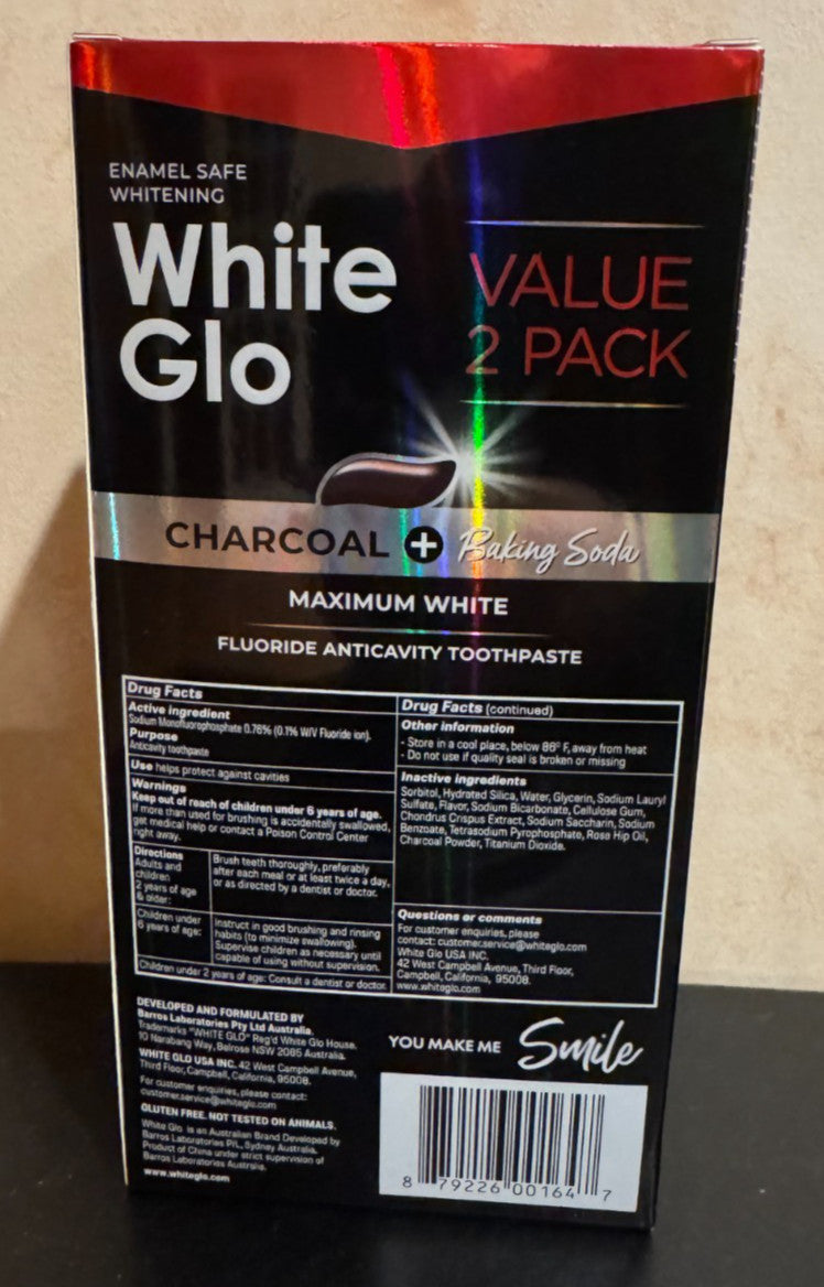White Glo Max White Toothpaste Set 2x5.2 Oz + Charcoal Toothbrush & Baking Soda