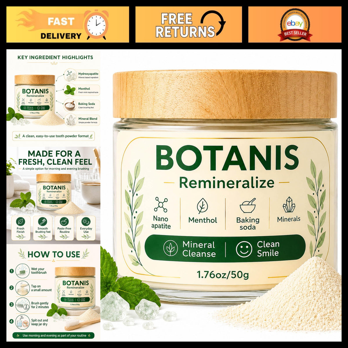 Fluoride-Free Tooth Powder with Xylitol and Calcium Carbonate - Spearmint Flavor