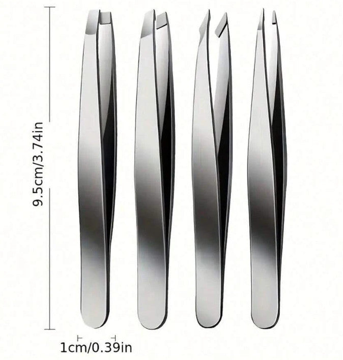 4-Piece Professional Tweezers Set for Eyebrows, Splinters & Ingrown Hair Removal