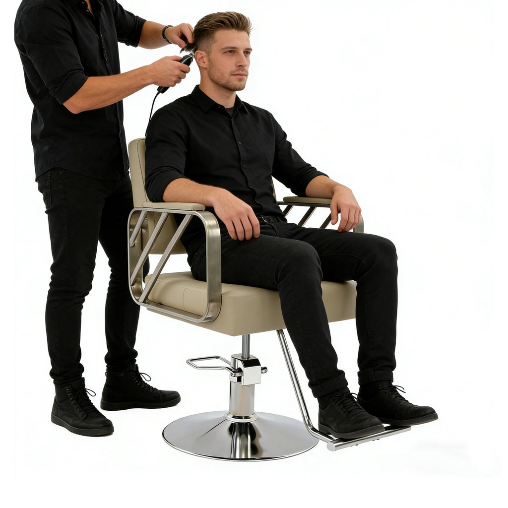 Stainless Steel Salon Chair with Beige Swivel Seat, Height Adjustable 82-92cm