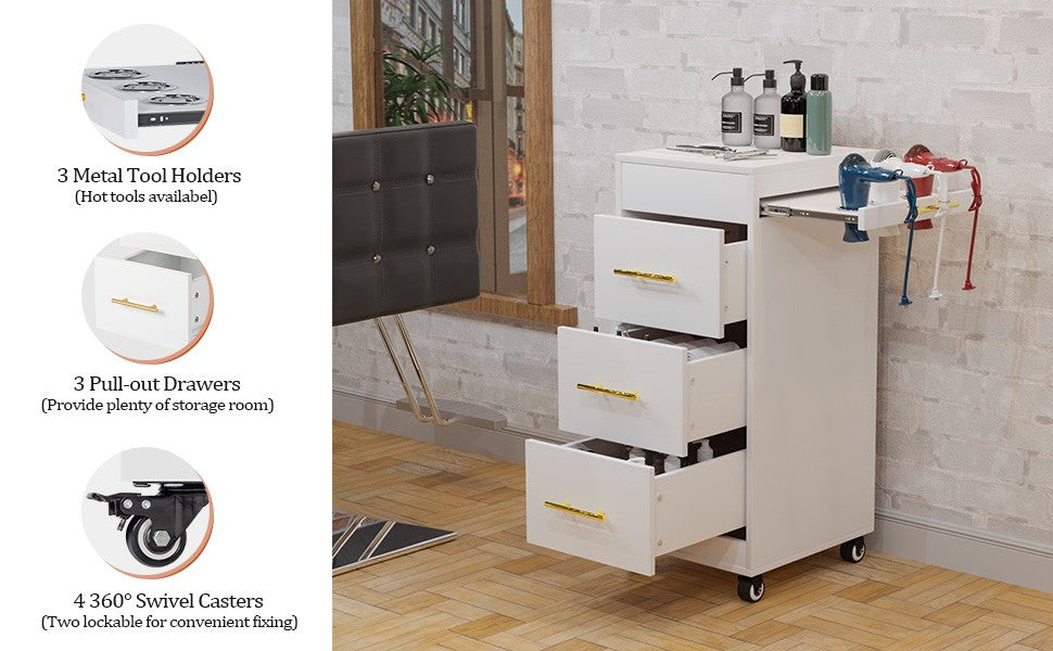 Salon Trolley Cart with Wheels - Wooden Hair Storage Cabinet with Drawers